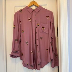 Anthropologie Mauve Button-Up Blouse with Embroidered Accents